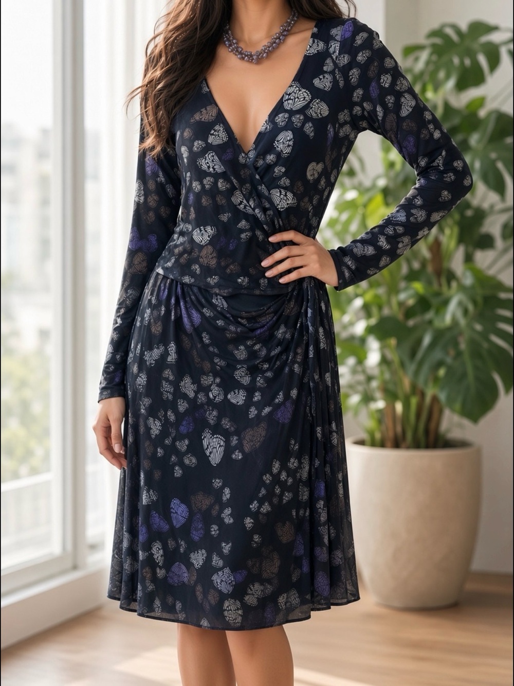 Issa London Black Long-Sleeve Wrap Dress with Butterfly pattern orig $495 US 8